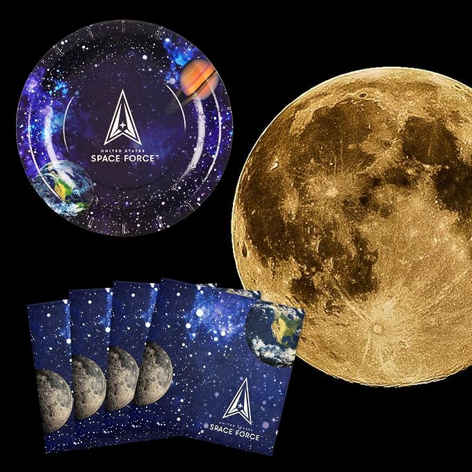 U.S. Space Force Party Plates & Napkins Set (Party for 16 guests) 16 Lg. Plates and 16 Luncheon Napkins. Space Force Tableware for Birthdays, Holidays and Military Celebrations. by Havercamp