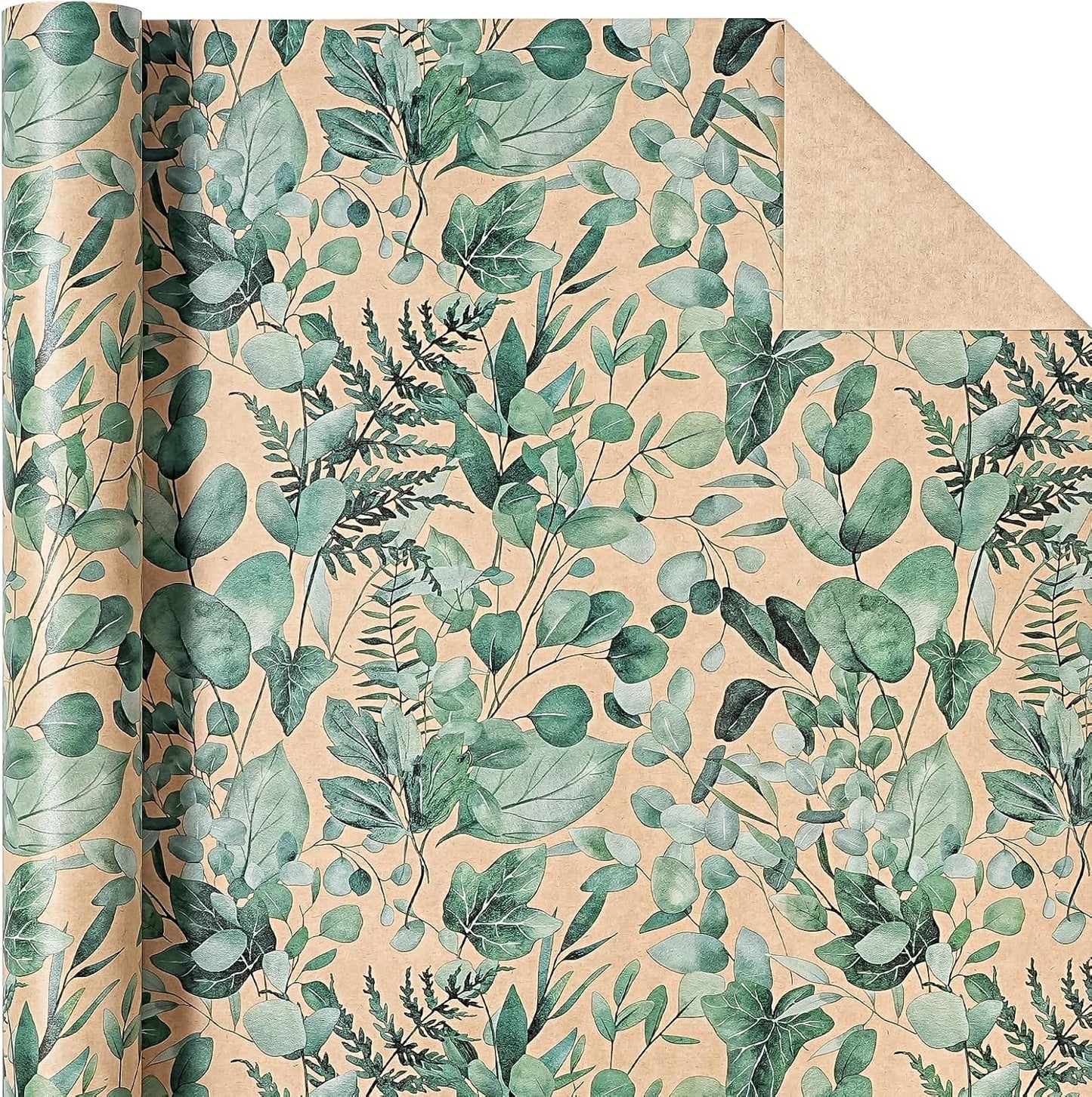 WRAPAHOLIC Kraft Eucalyptus Leaves Wrapping Paper Roll - Mini Roll - 17 Inch x 16.5 Feet - Greenery Wrapping Paper Perfect for Birthday, Wedding, Bridal Shower