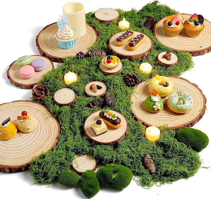 Nuanchu 7 Pack Wood Table Centerpieces with Rustic Wood Slices and Artificial Fake Green Moss for Wooden Fairy Wedding Woodland Table Decor Ideal DIY Crafts (2.4-2.8'',5.1-5.5'',7.9-9.1'')
