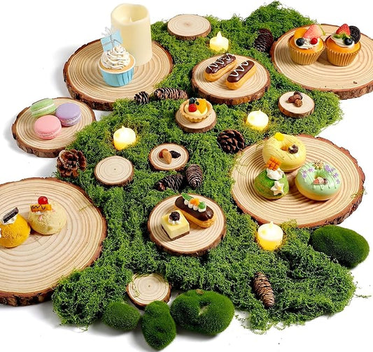 Nuanchu 7 Pack Wood Table Centerpieces with Rustic Wood Slices and Artificial Fake Green Moss for Wooden Fairy Wedding Woodland Table Decor Ideal DIY Crafts (2.4-2.8'',5.1-5.5'',7.9-9.1'')