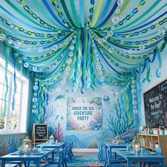 500 Sheets Under The Sea Paper Chain Strips Garlands Set, 492ft Blue Green Crepe Paper Streamers and 33ft Clear Bubble Garland for Ocean Theme Birthday Party Baby Shower Hanging Decorations