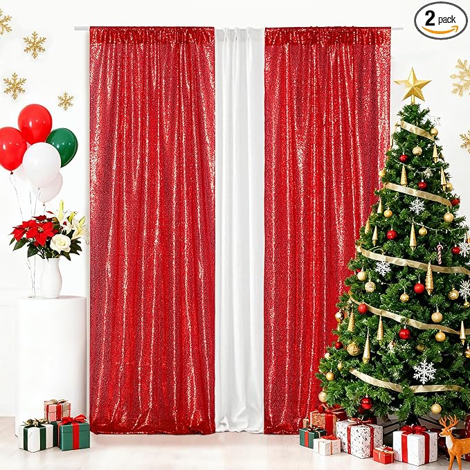 PartyDelight Red Sequin Backdrop Curtains 2x8ft 2 Panels | 3mm stitched sequin curtain with 4 inch rod pocket for 2x8ft 2 panel doorway window side drape narrow photo booth strip