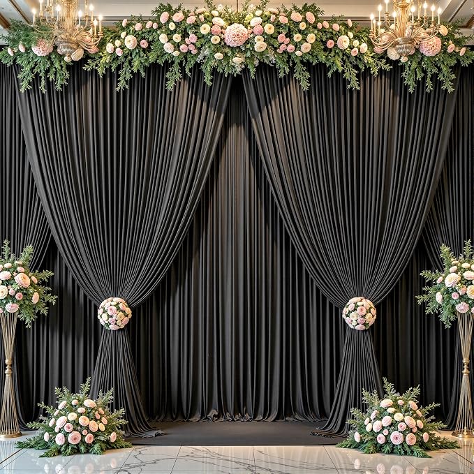 30ft x 15ft Black Backdrop Curtain Panels for Weddings - Wrinkle-Free Polyester Photo Drapes for Birthday Party, Photography Background, Stage Decor