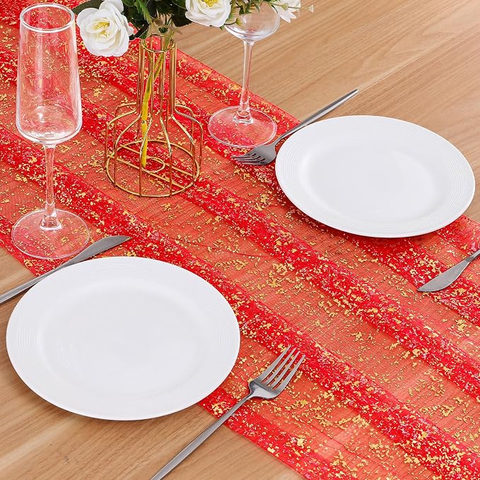 BINBE 3PCS Red Table Runner 10Ft Sheer Chiffon Fabric Cheesecloth Sequin Glitter Table Runner for Wedding Birthday Party Decor