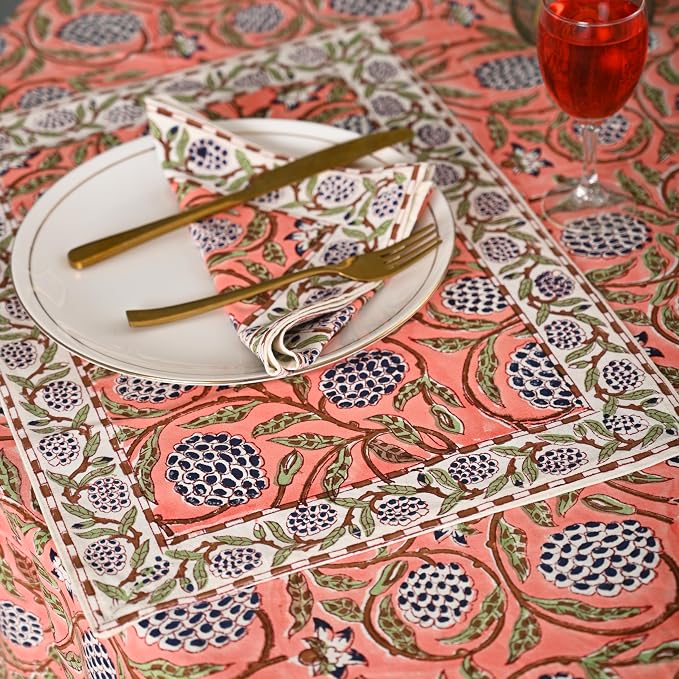 Hand Block Printed Tablecloth – Colorful Floral Print | 100% Cotton | Indian Artisan Handmade Art | Dining Room, Kitchen, Outdoor Décor, (Dark Salmon Pink, 6 Seater 72 Inches Round)