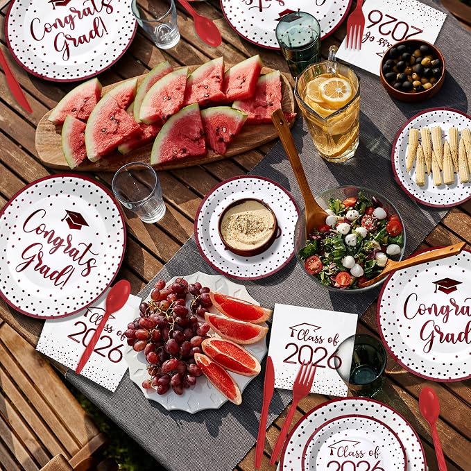 350pcs Class of 2026 Graduation Plates and Napkins Set, Disposable Paper Plate Set Polka Dots Napkins Cups Knife Fork Spoon for Graduation Party Decorations and Supplies,Serve 50 (White Maroon)