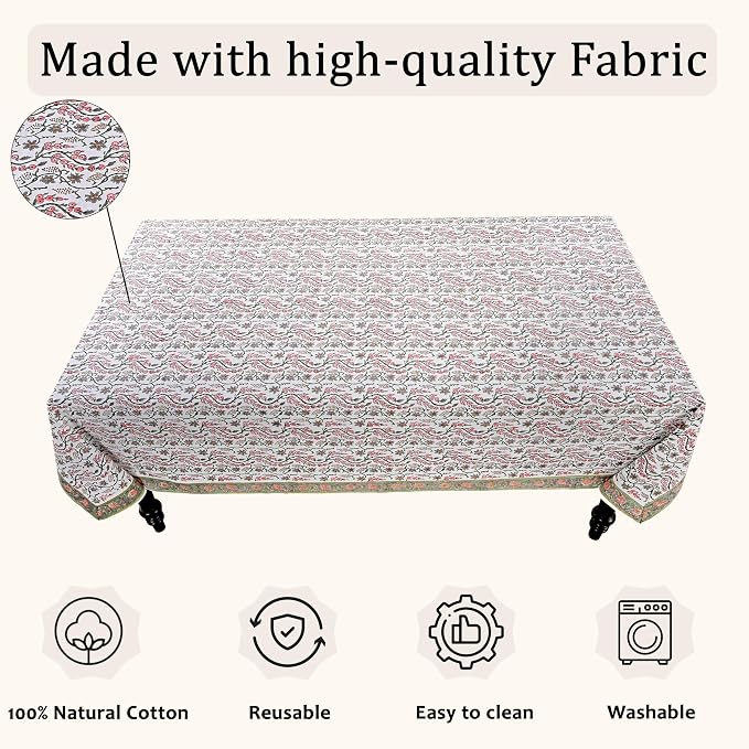 Ridhi Coral Pink Hand Block Print Cotton Rectangle Tablecloth 90" x 60" inches Reusable Table Cover Decorative Everyday Use for Dining Room, Farmhouse, Home Gift for Spring, Mother's Day