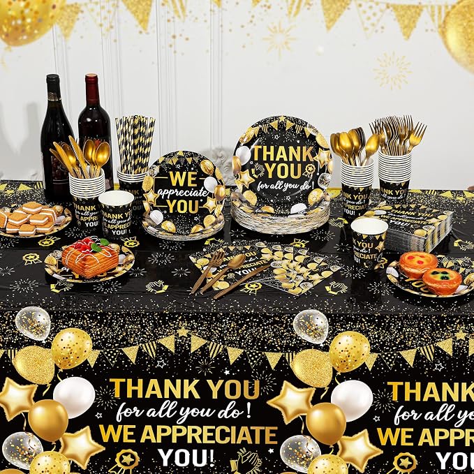 Funnymoom 452 Pcs Black Gold We Appreciate You Decoration for 50, Thank You Paper Plates Napkins Cups Tablecloth Set for Administrative Professional Day Employee Teacher Volunteer Appreciation Supply