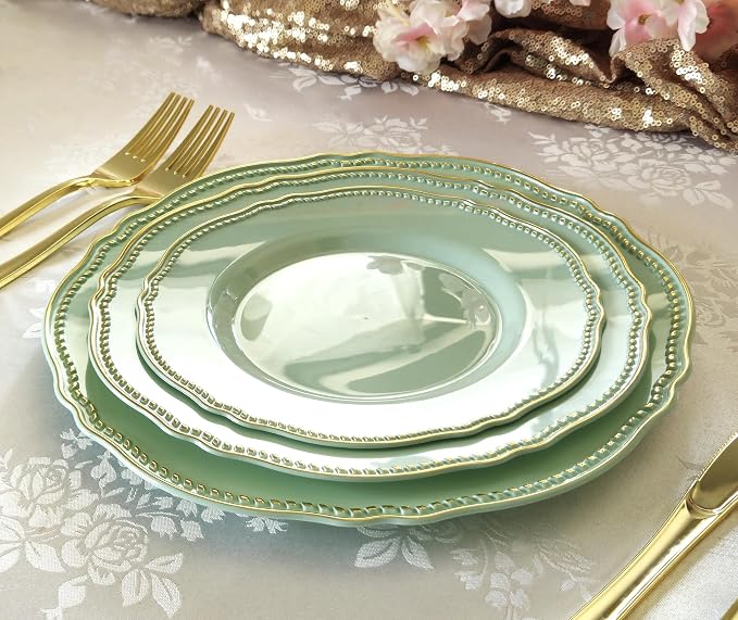 " OCCASIONS " 150pcs set (25 Guests)-Wedding Plastic Plates & cutlery -Disposable heavyweight Dinnerware 10.25'', 7.5'' + Silverware w/double fork (Rochelle Seafoam/Mint and Gold))