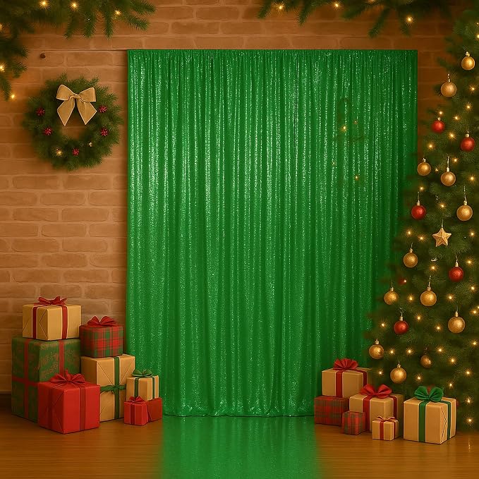 PartyDelight Green Sequin Backdrop Curtains 2x8ft 4 Panels | 3mm stitched sequin curtain with 4 inch rod pocket for 2x8ft 4 panel fuller wall coverage pleated backdrop and 8ft stand