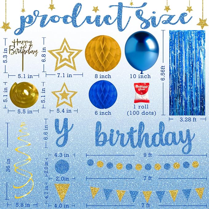 Blue and Gold Birthday Party Decorations Set - Happy Birthday Banner Balloons Foil Curtains Hanging Swirls for Men Women Kids Birthday Party Supplies