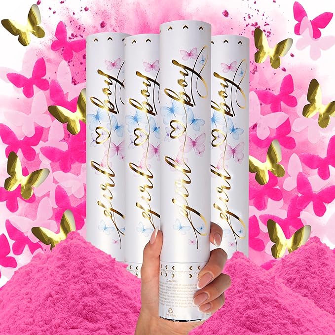 PrimePure Gender Reveal Confetti Cannon - Butterfly Confetti Popper & Biodegradable Powder Cannon - Pink, 4 Pack - Baby Girl Gender Reveal Smoke Bombs Baby Powder Pink Paper Party Poppers