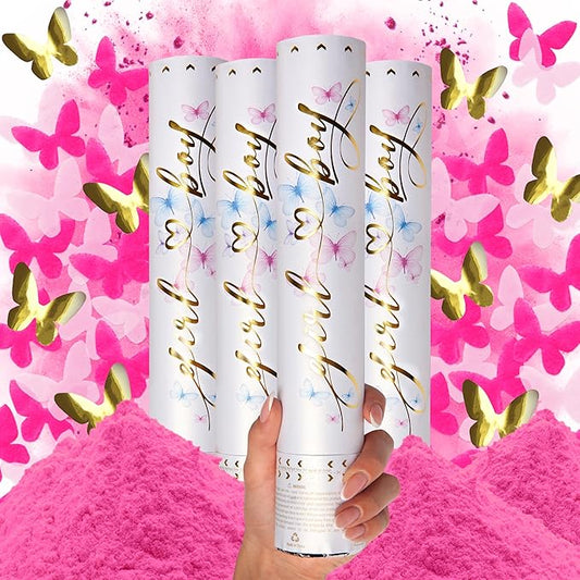 PrimePure Gender Reveal Confetti Cannon - Butterfly Confetti Popper & Biodegradable Powder Cannon - Pink, 4 Pack - Baby Girl Gender Reveal Smoke Bombs Baby Powder Pink Paper Party Poppers