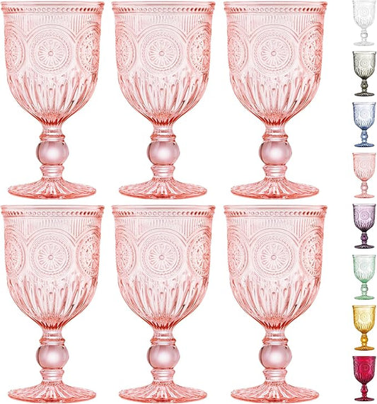 Yungala Pink Wine Glasses Set of 6 Vintage Hobnail Goblets 10 oz Transparent Glassware with Stems Dishwasher Safe