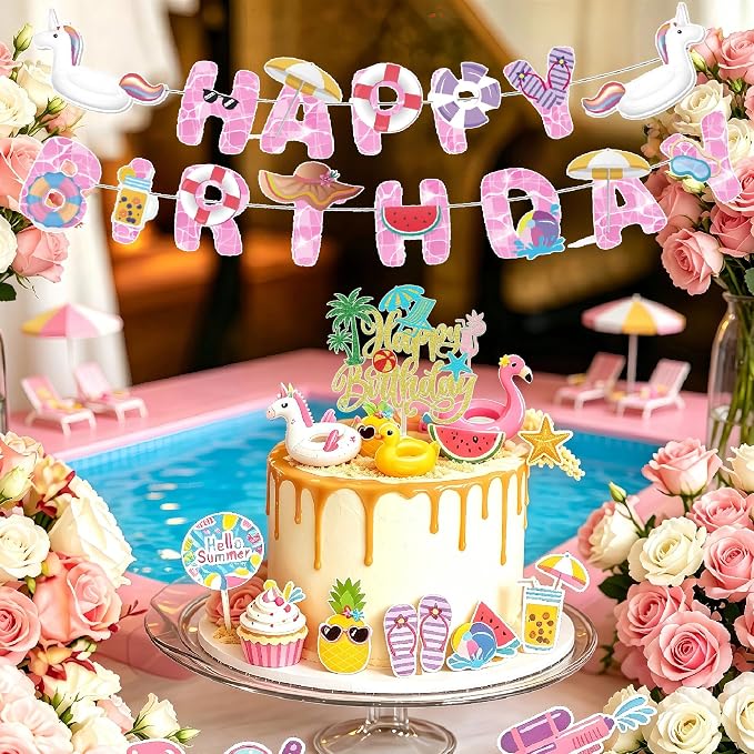 159Pcs Pink Pool Happy Birthday Summer Themed Party Decorations, Plates Napkins Cups Tableware, Swim Pool Tube Backdrop Tablecloth, Happy Birthday Banner, Colorful Printed Ballons for Kids Adults