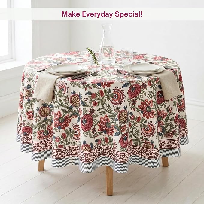 ATOSII Ruby 100% Cotton Round Tablecloth, Handblock Print Floral Table Cloth for Kitchen Dining Linen I Parties, Weddings, Outdoors, Picnics, Easter Spring Summer Home Decor 90" Inches Round