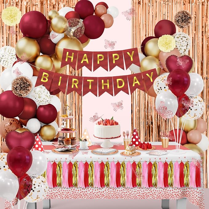 Burgundy Happy Birthday Decorations for Women,296pcs Burgundy Balloons Birthday Decorations for Girl Kit Disposable Dinnerware Set with 25 Guest, Balloons, Banner, Fringe Curtain,Butterfly Decorations
