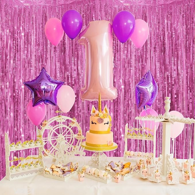 JOYIT 5 Pack Pink Tinsel Backdrop - 3.28 ft x 6.56 ft Fringe Backdrop, Glitter Foil Fringe Curtains for Party Decorations, Birthday, Bachelorette, Graduation, Wedding (Pink, 5 Pack)