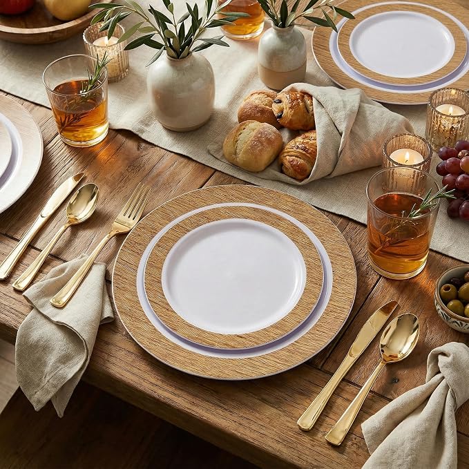 I00000 102 Pcs Wood Grain Brown Plastic Plates, Brown Party Plates Premium Plastic Disposable Plate Disposable Include 51 Dinner Platos 10" & 51 Dessert Platos 7", Elegant Wood Grain Design for Party