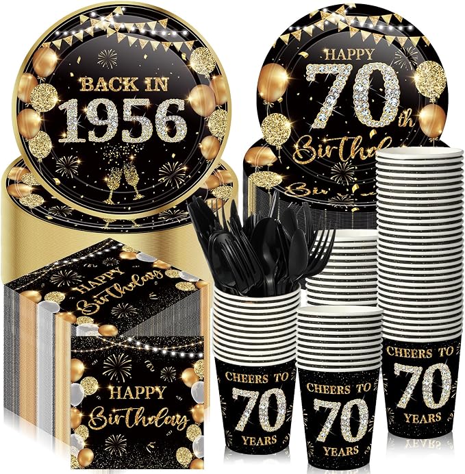 240 Pcs 70th Birthday Decorations 1956 Birthday Party Tableware Include Plates Napkins 9oz Cups Cutlery 70th Anniversary Party Supplies for Men Women Him Her, Serve 30 Guests (Black Gold)