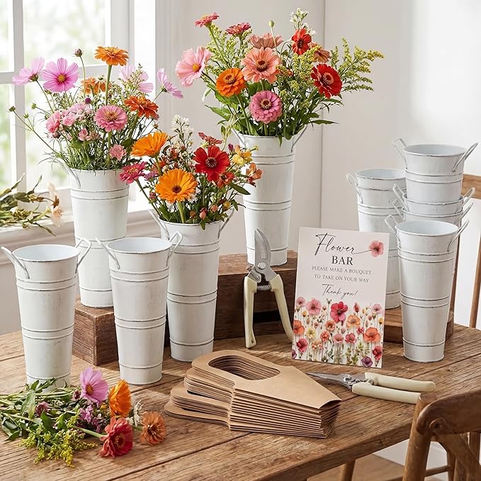 LEIFIDE Flower Bar Buckets Set Kit Bloom Bar Supplies Include Wood Sign Gift Bags Iron Bucket Garden Flower Shears for Wedding Bridal Shower Graduation Birthday Table Centerpieces(45 Pcs,White)