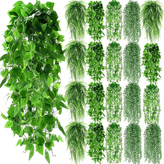Daifunli 36 Pcs Artificial Hanging Plants Fake Hanging Ferns Plastic Fake Plants for Wall Room Garden Garland Indoor Outdoor Decor No Basket (Boston,Eucalyptus,Ivy Vine,String of Pearls)