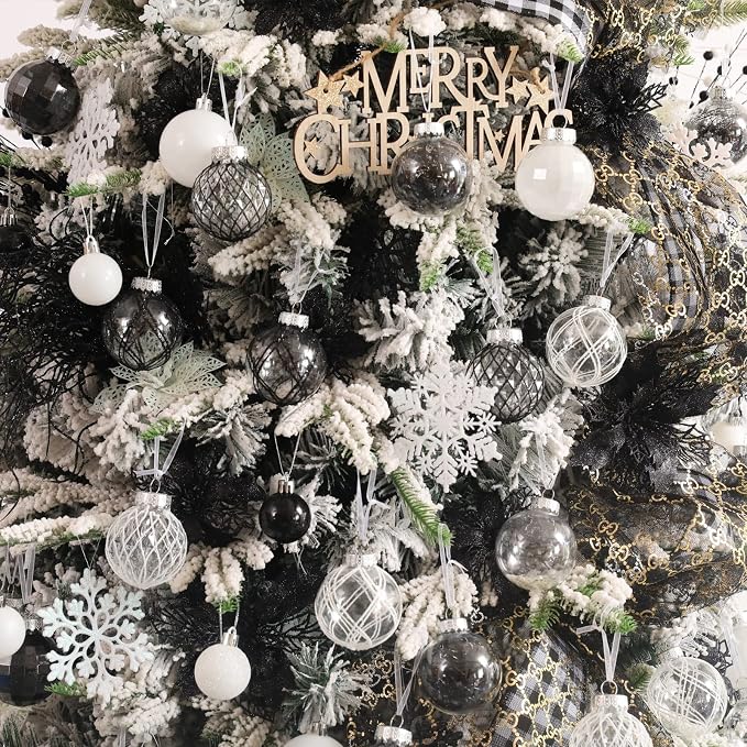 CristBest 30ct Christmas Ball Ornaments-60mm/2.36" Shatterproof Clear Plastic Xmas Balls Baubles Set with Stuffed Delicate Sparkling, Hanging Christmas Tree Decorations(Black)