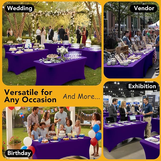 6-Pack Premium Purple Spandex Tablecloths for 6ft Rectangle Tables, Stain & Wrinkle-Resistant, Washable Stretch Polyester Fitted Table Cover for Weddings, Banquets, Trade Shows Events