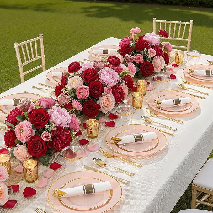 SUT 175 Pcs Pink and Gold Plastic Dinnerware Set for 25 Guests, Include: 25 Dinner Plates, 25 Dessert Plates, 25 Pre Rolled Napkins With Silverware, 25 Cups, Disposable Plates for Baby Shower, Party