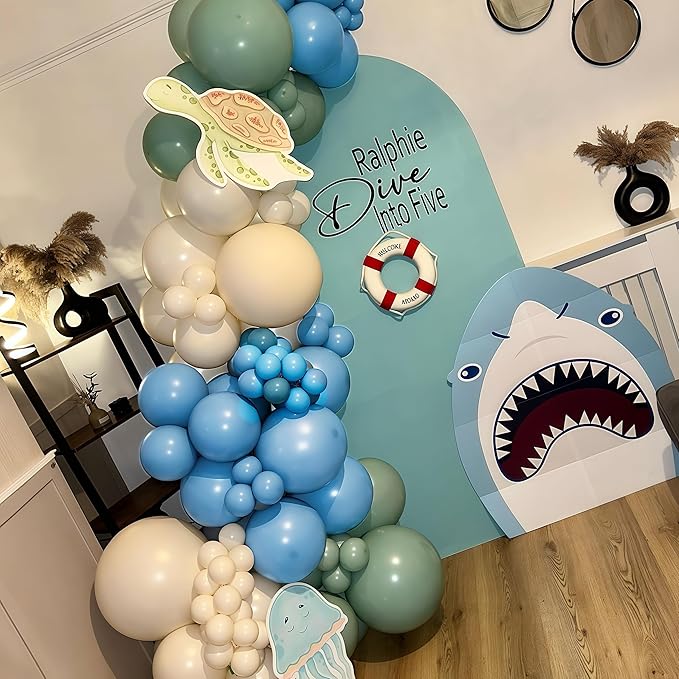 Under the Sea Balloons Garland Arch Kit, 123pcs Dusty Blue Teal Pastel Green Metallic Blue Green Ocean Balloon with Transparent Balloons for Shark Baby Shower Sea Animal Birthday Party Decorations