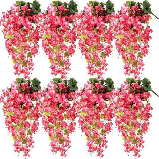 XunYee 8 Pcs Artificial Hibiscus Flowers for Outdoors Spring Summer Decor Fake Hanging Flowers Plants Uv-Resistant Faux Hibiscus Flower for Outside Porch Patio Front Door (Pink)