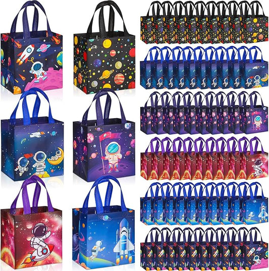 Kigeli 90 Pcs 6 Style Space Goodie Bags, Space Party Favors Large Non-woven Gifts Bags with Handles, Astronaut Planet Rocket Goodie Candy Tote for Baby Shower, Galaxy Theme Birthday Party Supplies