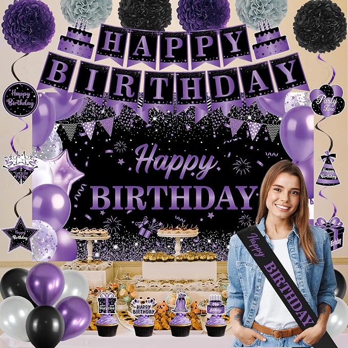 DARUNAXY Purple Birthday Party Decorations Set | Happy Birthday Banner & Sash, Balloons Pom Poms Cake Topper Hanging Swirl Decor, Birthday Gifts Party Supplies for Women Girl