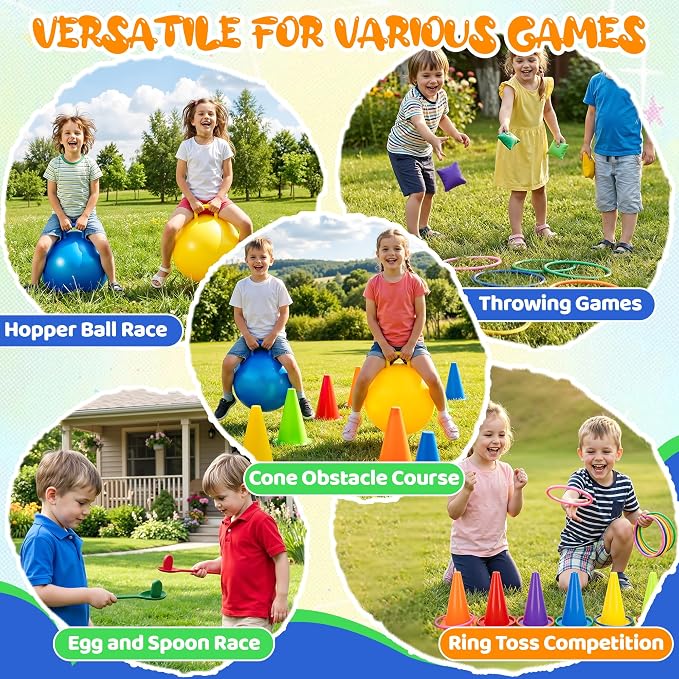 JOY SPOT! Carnival Outdoor Games Combo Set for Kids, 18 Inch Hopper Balls with Handles, Ring Toss, Bean Bags, Egg Spoon Relay Race, Fun for Backyard, Field Day, School, Birthday Parties, Family Events