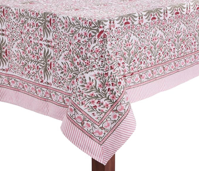 ATOSII Nargis Pink 100% Cotton Rectangle Boho Spring Tablecloth, Handblock Floral Table Cloth Linen for Kitchen Dining I Parties Wedding Outdoors Easter Holidays Home Decor 60 X 108 Inches I 8 Seater