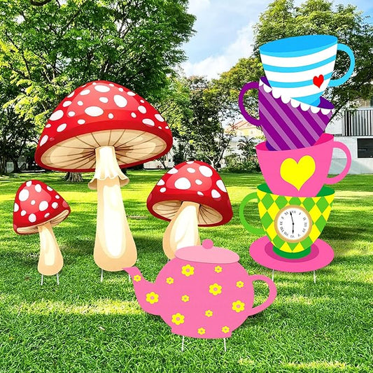 Large Wonderland Tea Party Decorations Teapot Teacup Mushroom Cardboard Cutout Yard Stakes Stand Set for Wedding Bridal Shower Birthday Party Decor