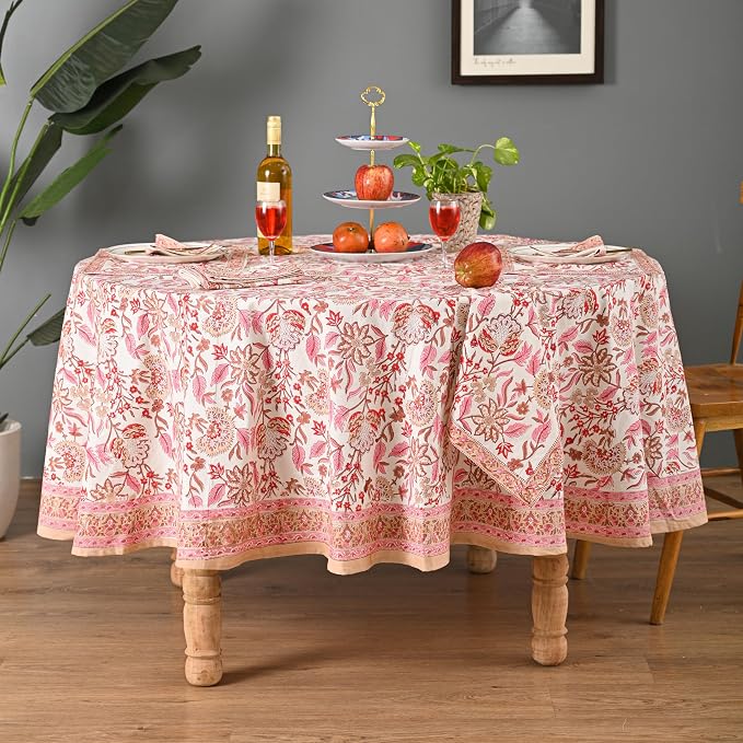 Hand Block Printed Tablecloth – Colorful Floral Print | 100% Cotton | Indian Artisan Handmade Art | Dining Room, Kitchen, Outdoor Décor, (Pink Meadow Bloom, 4 Seater 60 Inches Round)