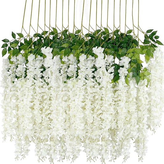 6Pcs Wisteria Hanging Flowers 3.6 Feet/Piece White Dense Fake Wisteria Vine Ratta Hanging Garland Silk Flowers String Home Party Wedding Decor(White-Dense)