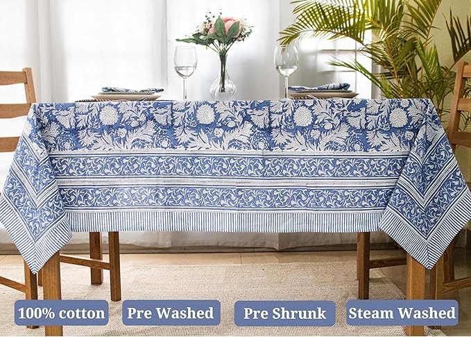 Block Print Table Cloth- 60x120 Inch Rectangle 100% Cotton Handmade Pre-Shrink, Washable for Spring, Kitchen & Dining Perfect for Patio, Indoor & Outdoor, Farmhouse