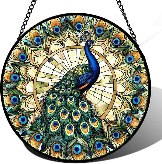 DASTOLL Stained Glass Window Hanging - Retro Peacock Decoration Suncatcher for Door Garden Home Bird Feather Sun Catchers Christmas Mother's Day Birthday Gifts for Women Men Mom Nana Friend 14.9 in