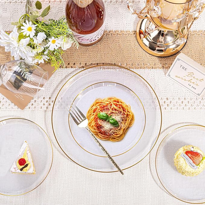 DaYammi 60Pcs Clear Gold Plastic Plates - Disposable Party Plates, Gold Plates Disposable Include 30 Dinner Plate 10inch,30 Dessert Plate 7inch,Frosted Bottom Plastic plates for Party,Wedding,Holiday