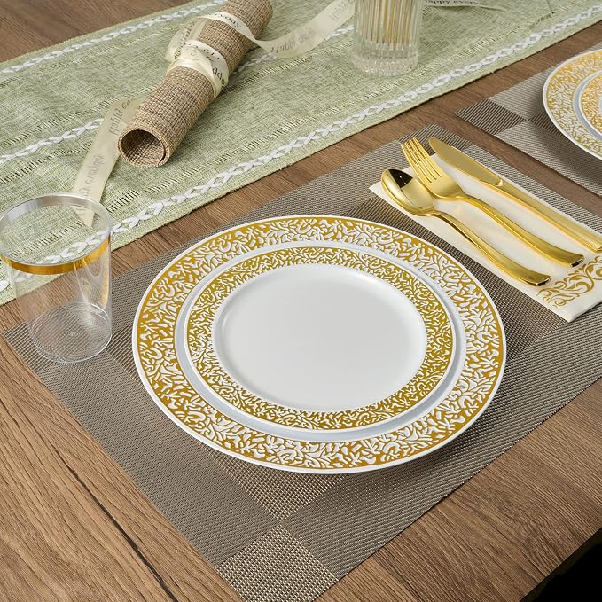 FOCUSLINE Gold Plastic Plates Set of 102, Disposable Plates with Gold Lace 51 Dinner Plate 10.25 Inch & 51 Salad Dessert Appetizer Plate 7.5 Inch, Elegant Fancy Heavy Duty Wedding Party Plates