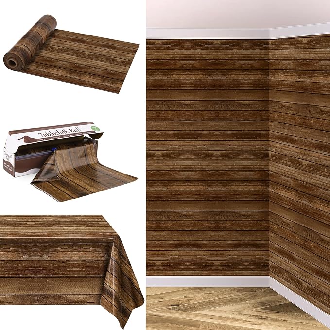 Kochorie 100 Ft x 54 Inch Wood Grain Tablecloth Roll in Slide Cutter Box Disposable Rustic Backdrop Vintage Table Cover Western Themed Bulletin Board Plastic Roll for Barn Birthday Classroom Decor