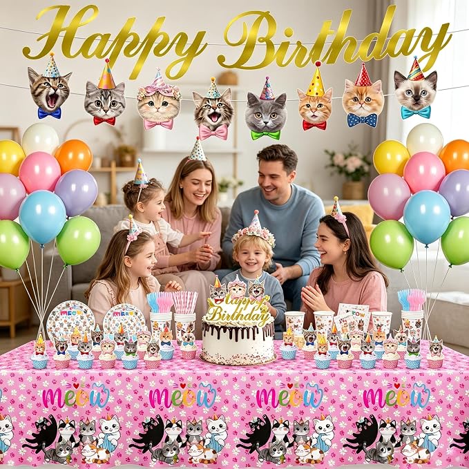 Cat Birthday Decorations with 9" & 7" Plates, Napkins, Tablecloth, Cake Topper, Pre-assembled Banner & Honeycomb Centerpieces & Balloon for Cat Themed Birthday Party Decorations