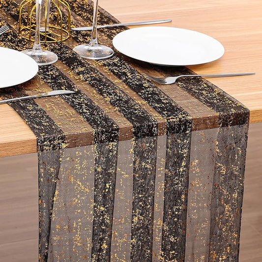 BINBE 3PCS Black Table Runner 10Ft Sheer Chiffon Fabric Cheesecloth Sequin Glitter Table Runner for Wedding Birthday Party Decor