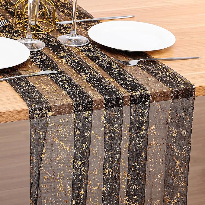 BINBE 6PCS Black Table Runner 10Ft Sheer Chiffon Fabric Cheesecloth Sequin Glitter Table Runner for Wedding Birthday Party Decor
