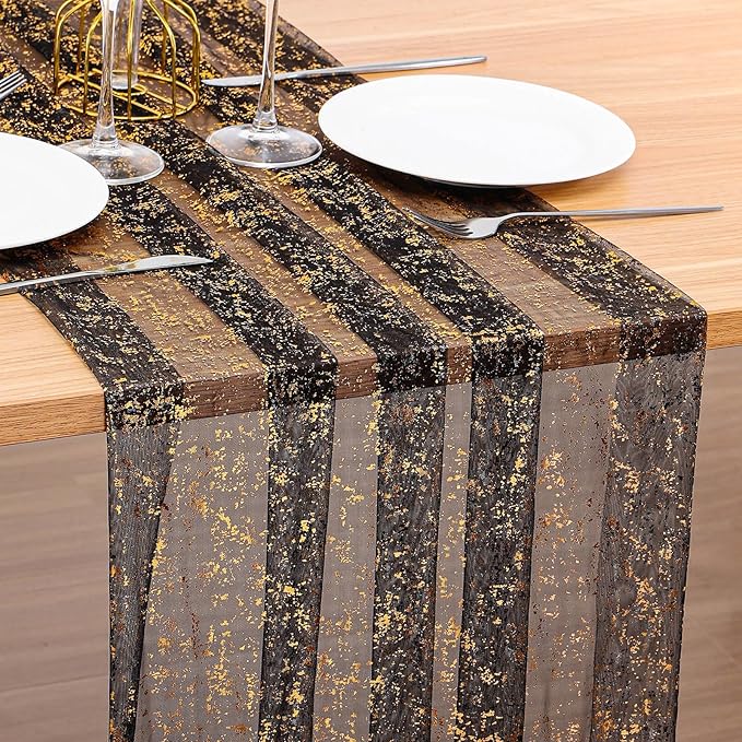 BINBE 1PCS Black Table Runner 10Ft Sheer Chiffon Fabric Cheesecloth Sequin Glitter Table Runner for Wedding Birthday Party Decor