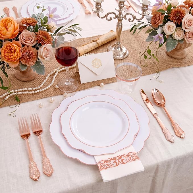 NOCCUR 175PCS Rose Gold Plastic Plates with Disposable Silverware - Include 25Dinner Plates, 25Dessert Plates, 25Forks, 25Knives, 25Spoons, 25Cups, 25Napkins for Party/Wedding/Birthday/Graduation