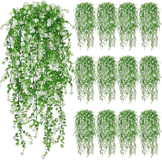 12 Pcs Artificial Hanging Flowers White Hanging Plants Fake Trailing Plant for Outdoor Faux Eucalyptus Greenery Realistic UV Resistant Wall Garden Front Porch Home Indoor Decor