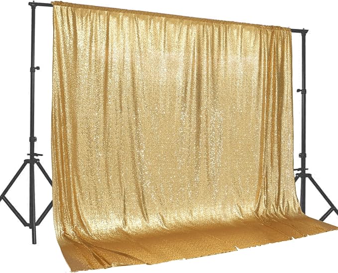 PartyDelight Gold Sequin Backdrop 20x10ft 4 Inch Rod Pocket | 3mm stitched gold sequins on mesh backing with 4 inch rod pocket for extra wide stages banquet walls group photos and large